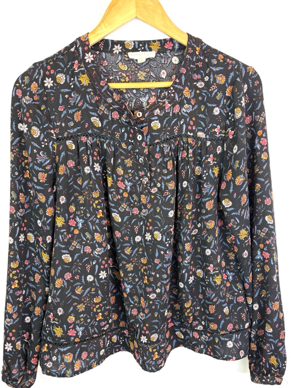 Current Air Pleated Floral Long-Sleeve Blouse - Black Floral size M